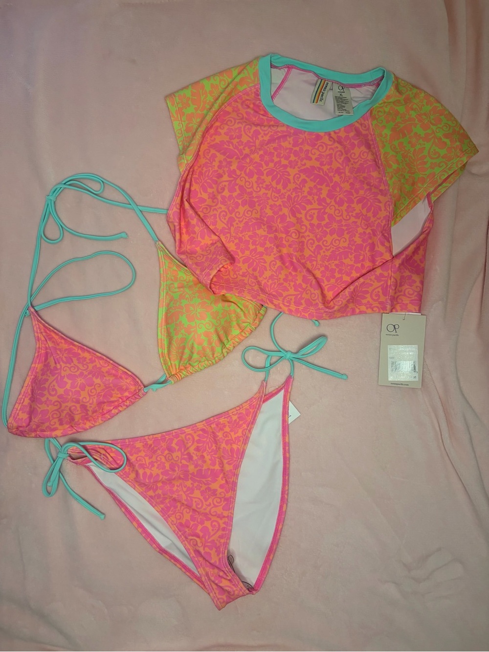 OP Pink & Lime Floral Triangle Bikini Set with Aqua Trim and Rash Guard